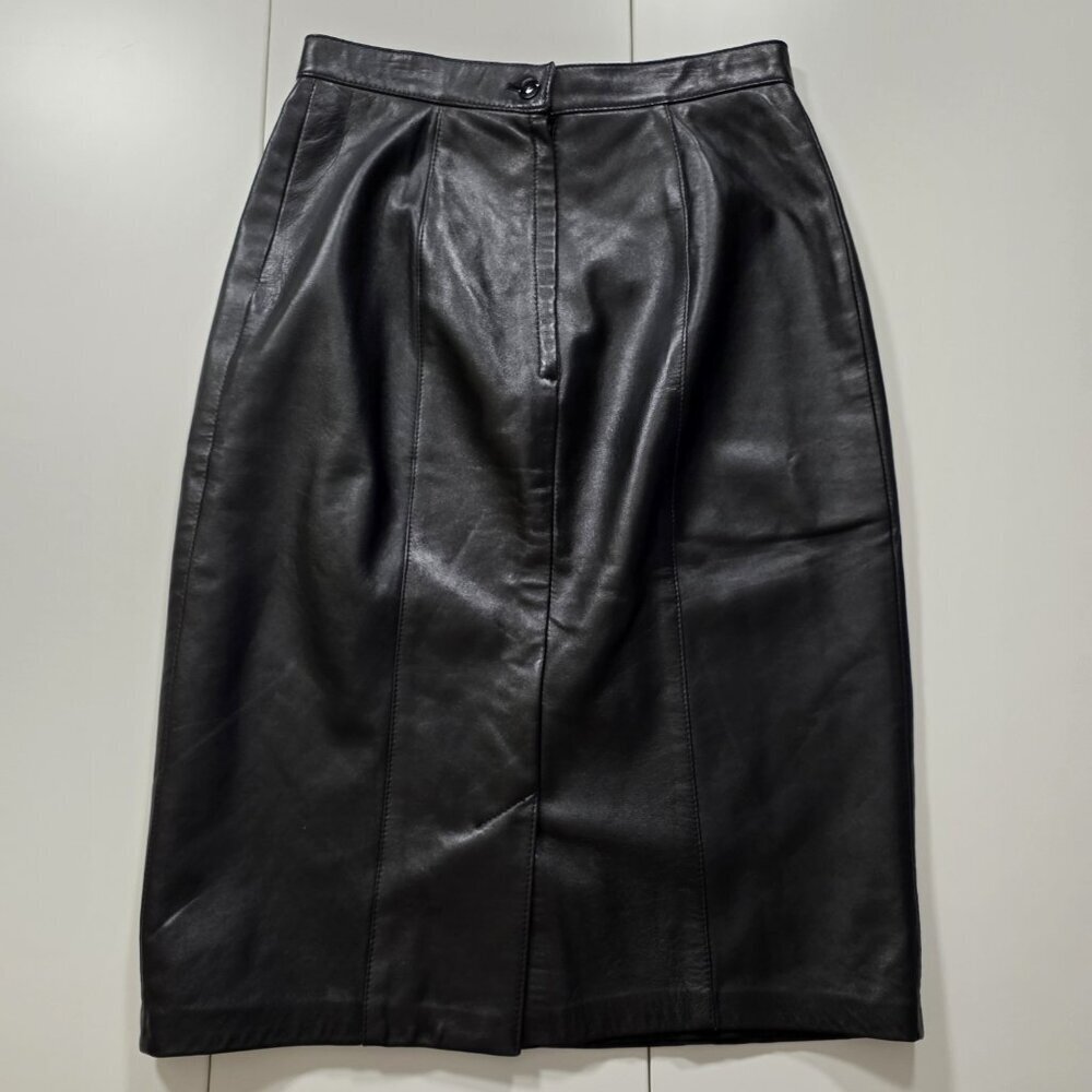 Liz Harbosin Black Leather Skirt 12 VTG Midi Lined Back Zip Slit Canada Bossy - Picture 14 of 16